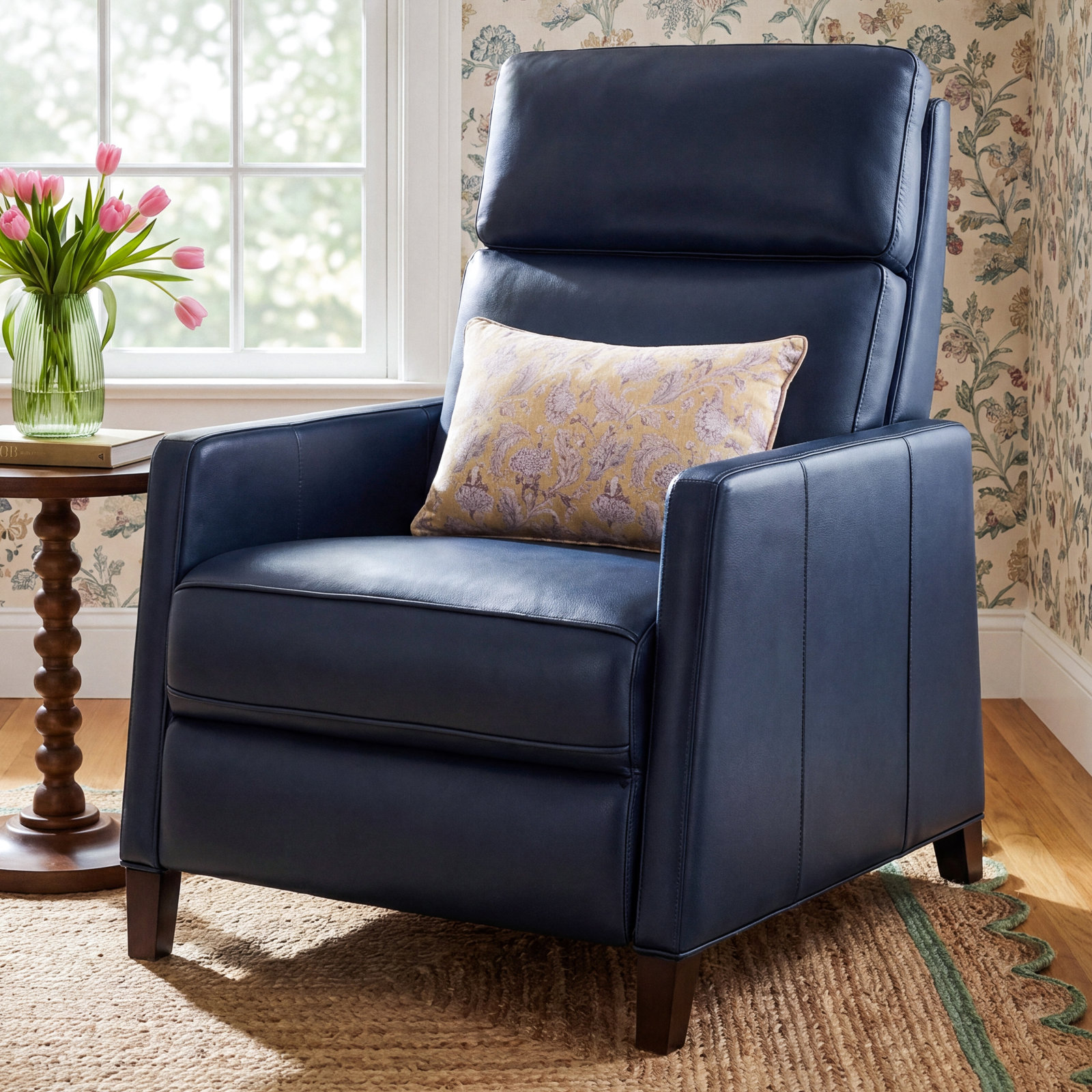 Morlan Recliner, Barone Navy Blue Split Grain Leather