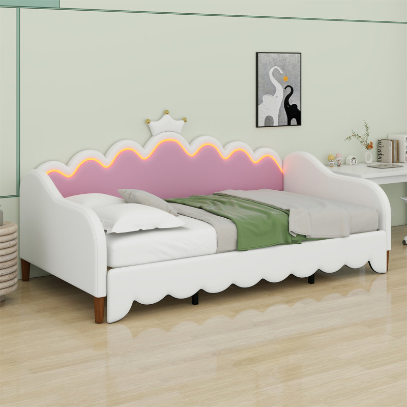 Lit de jour extensible avec lumières DEL, lit de jour rembourré princesse moderne avec tête de lit couronne, Blanc