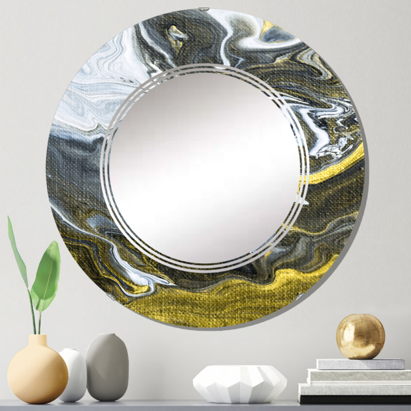 Nuage de marbre doré blanc et jaune V - miroir mural rond moderne, 24 po x 24 po