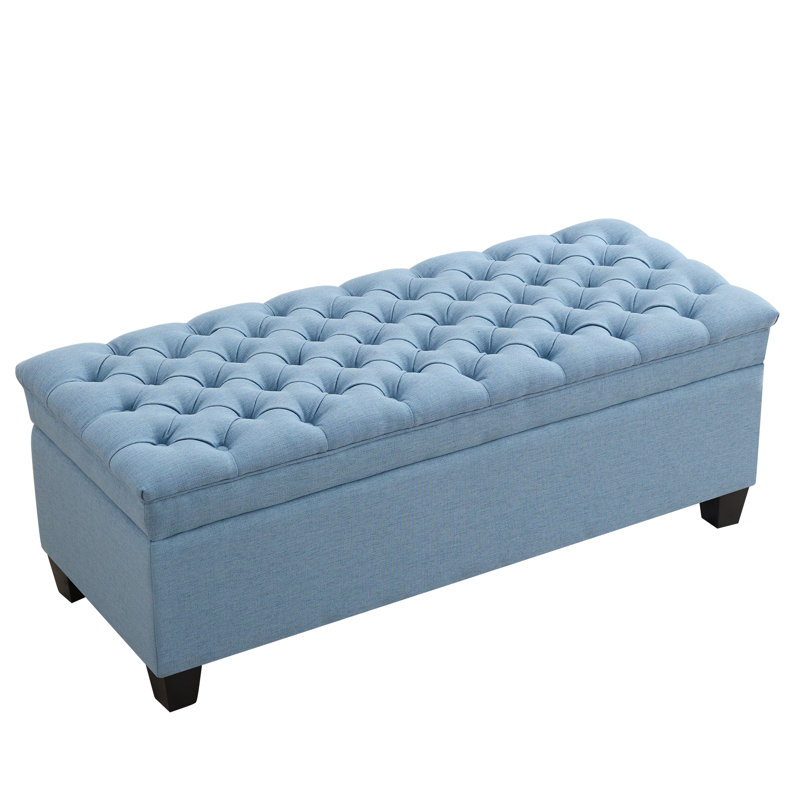 51" W Linen Upholstered Flip Top Storage Bench, Blue