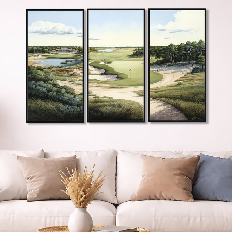 «Golf Course in The Summer», reproduction sur toile 3 pièces, Impression encadrée, H 32 po x l 48 po, Noir