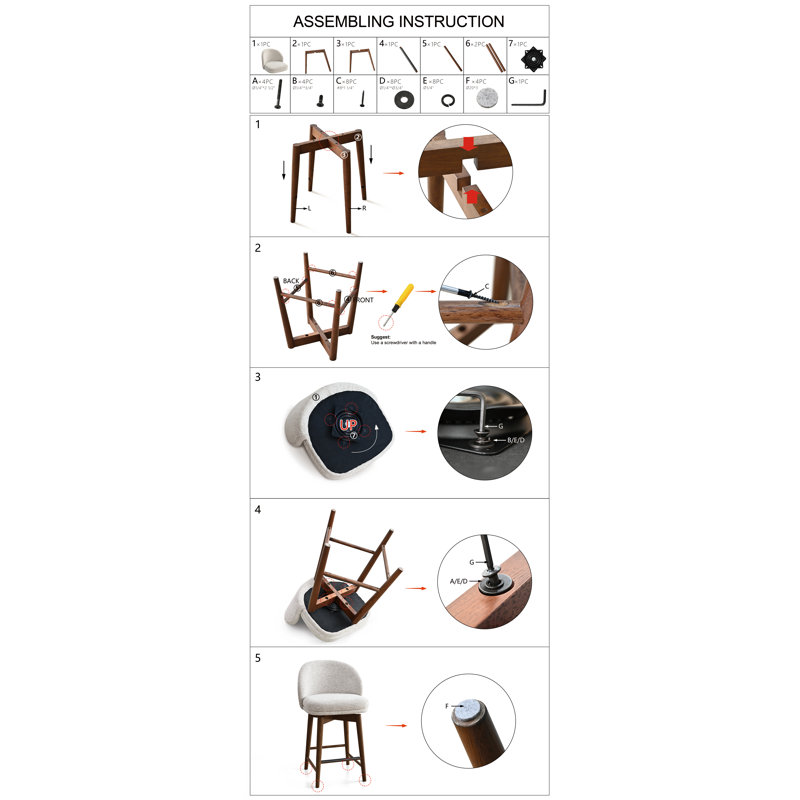 Tabouret de comptoir pivotant rembourré, Siège beige / structure en noyer