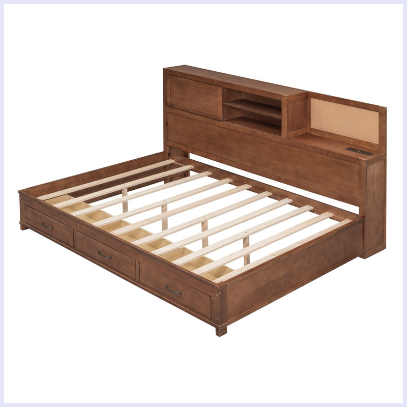 Wooden Daybed with 3 Storage Drawers, Upper Soft Board, shelf, and a set of Sockets and USB Ports, Brown, Full