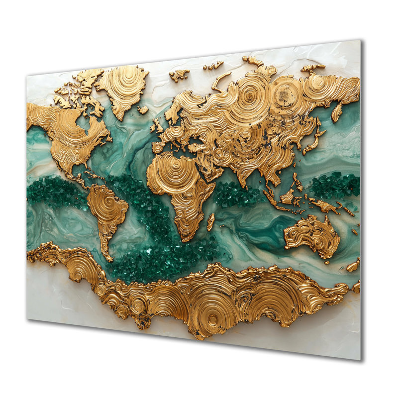 Emerald Crystals World Map Wood Slide I - impression d'art moderne sur métal, carte du monde en métal, art mural