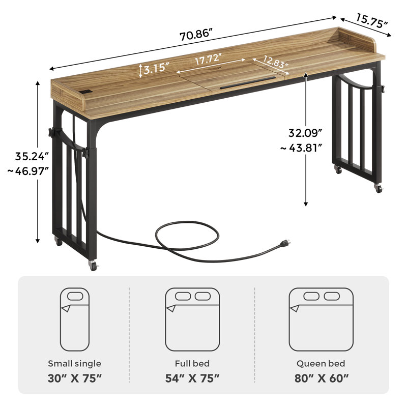 Table de lit réglable en hauteur l 70,86 po avec prise de courant et bureau à roulettes Letrece, Brun