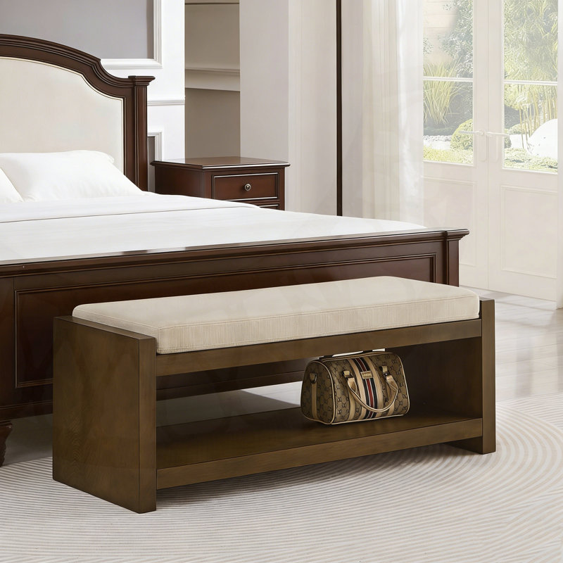 47-Inch Accent Bench With Lower Shelf Storage And Removable Cushion For Entryway Or Bedroom, Ivory