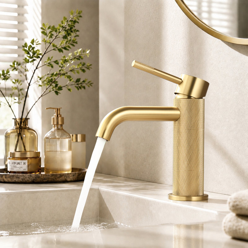 Robinet de lavabo monotrou en nickel brossé avec bec en cascade et bonde escamotable, robinet de meuble-lavabo moderne pour lavabo à entraxe large