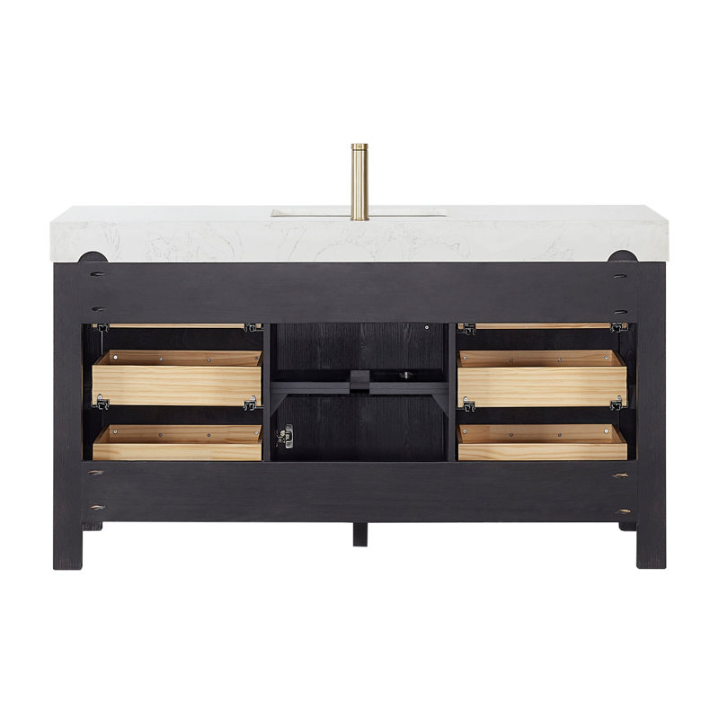 Leon 60'' Single Bathroom Vanity with Engineered Marble Top, White, Gold, Black