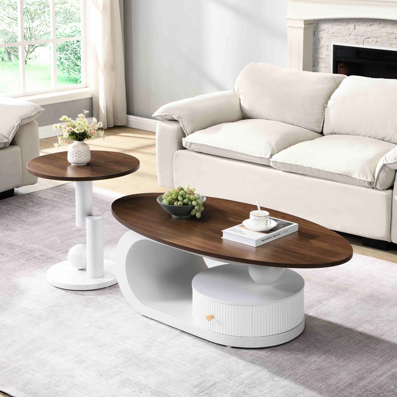 Table basse de luxe, salon, tables ovales et rondes, rangement, finition blanche, assemblage facile, coffre-fort pour famille, conception élégante, structure en métal, arrangement flexible