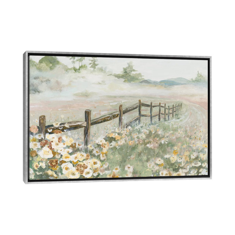 « Clôture avec fleurs » par Patricia Pinto, reproduction d’art, H 60 po x l 40po x P 1,5 po, Toile avec cadre argenté