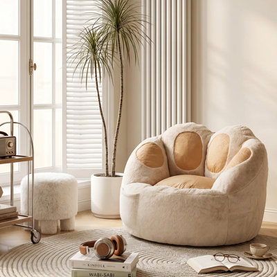 39" Cat Paw Bean Bag Chair with Side Storage Pocket, Plush Faux Fur and Memory Foam Filling