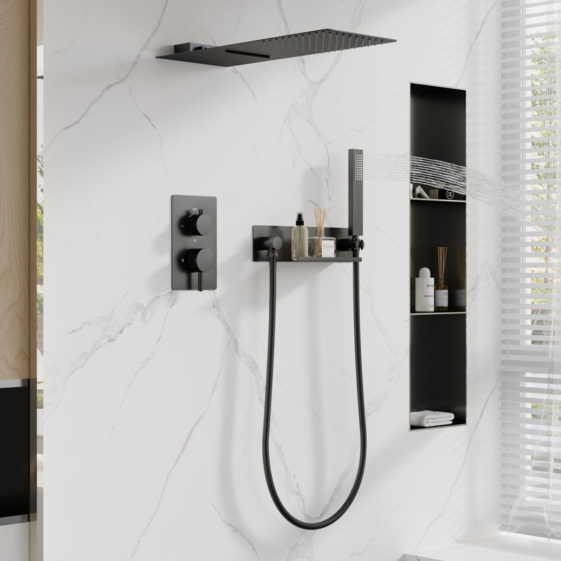 Rainfall Shower System With Hand Shower And Concealed Pressure Balance Valve, Matte Black