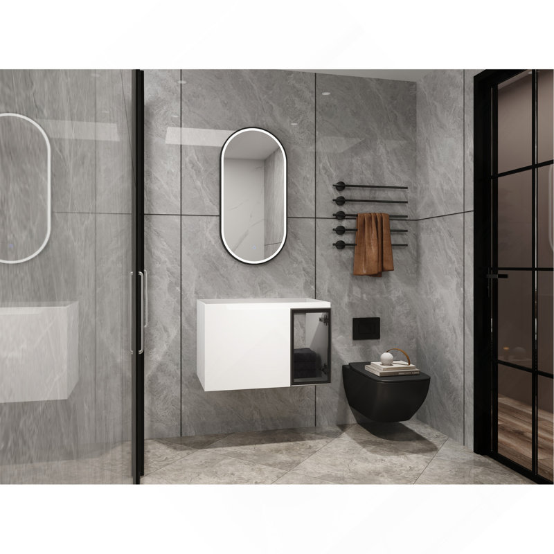 Meuble-lavabo mural 30 po en contreplaqué blanc brillant avec portes décoratives en verre gris (lavabo non inclus)