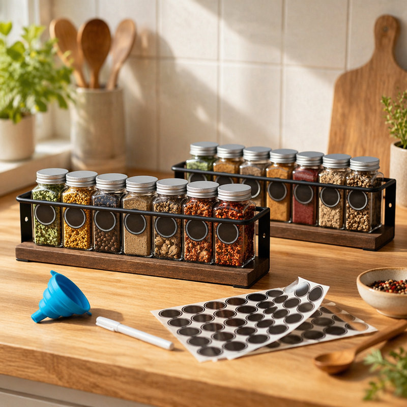 Wood Hanging Spice Rack Organizer 4 Pack with 24 Spice Jars, 386 Spice Labels, Chalk Marker & Funnel, Multi-Purpose for Cabinet Door & Wall Mount