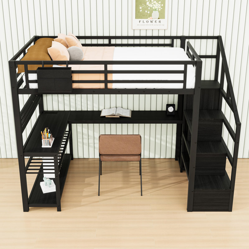 Loft Bed With Stairs, Wardrobe, L-Shaped Desk, LED Lights, Charging Station And Storage Shelves, Black