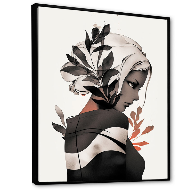 Dessin de femme tropicale, dessin I, H 40 po x l 30 po x P 1,5 po, Cadre flottant noir