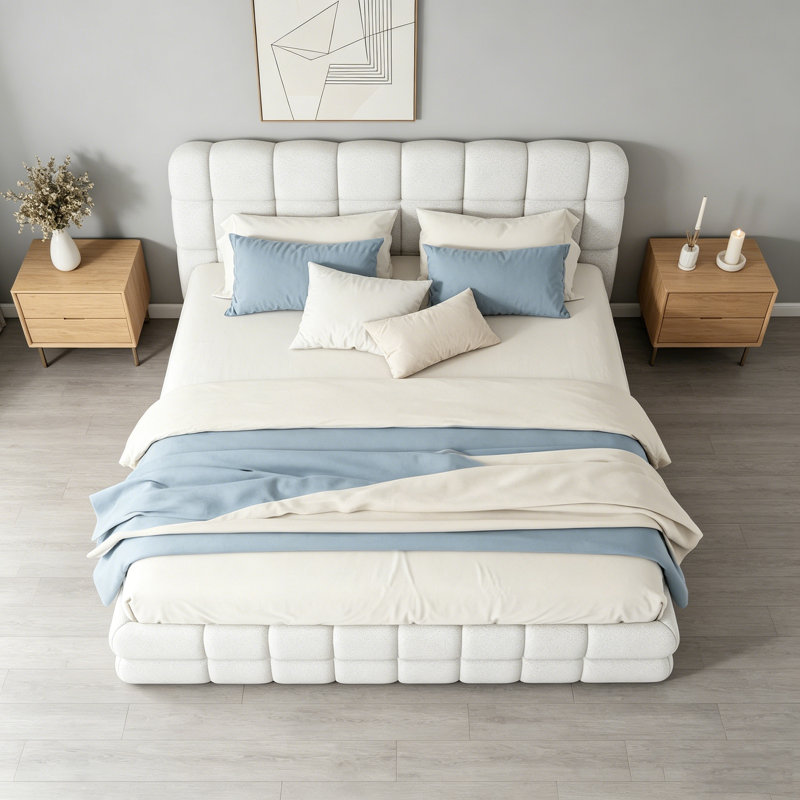 Cadre de lit plateforme grand tapissier noir, aucun sommier requis, Blanc