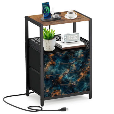 2 Fabric Drawers Night Stand with Charging Station Abstract Teal Gold Metallic Speckled Effect Bedroom Bedside Table End Table with Open Shelf USB Ports and Outlets