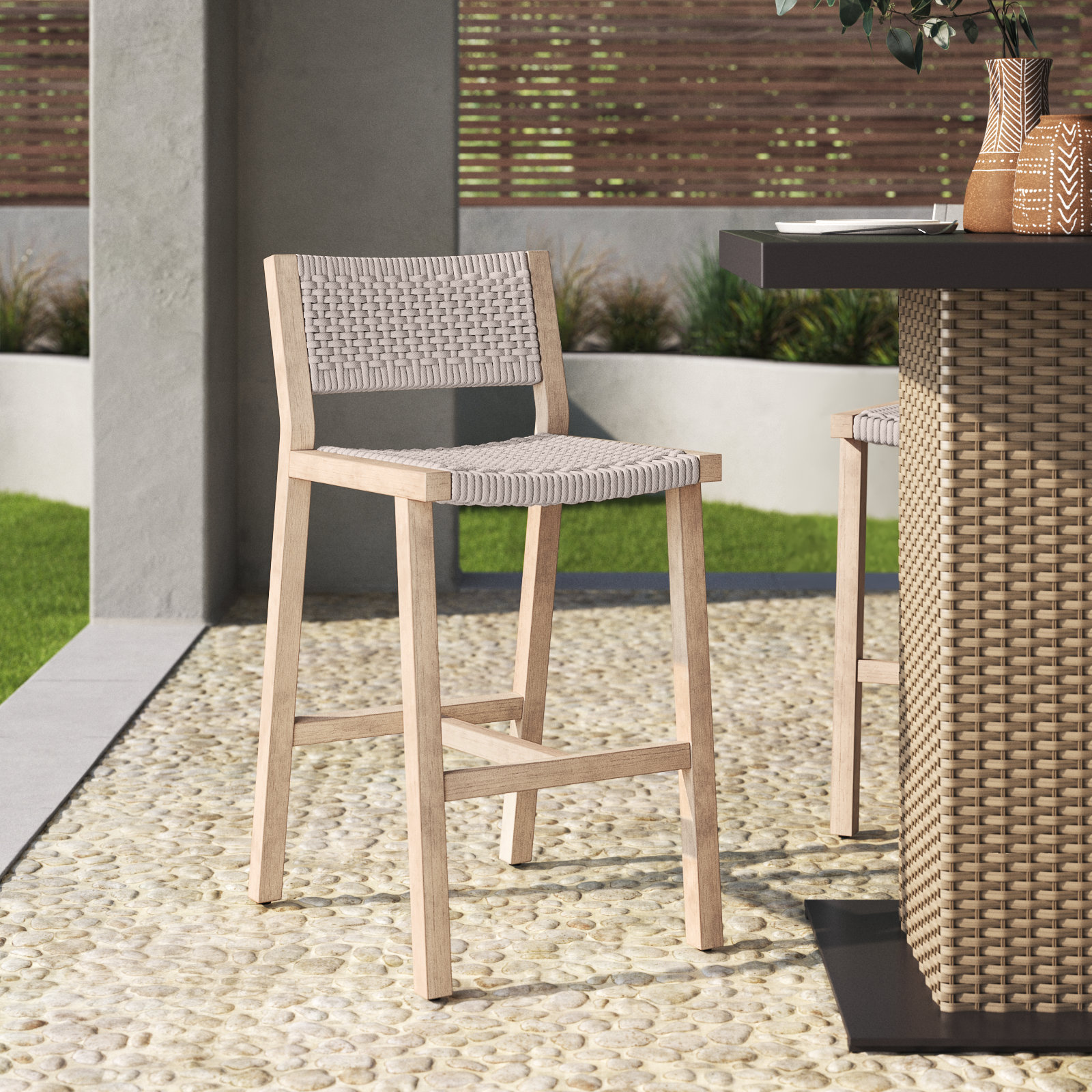 Shea Teak Outdoor Bar Stool, Washed Brown, Bar Stool (29" Seat Height), Gray Rope
