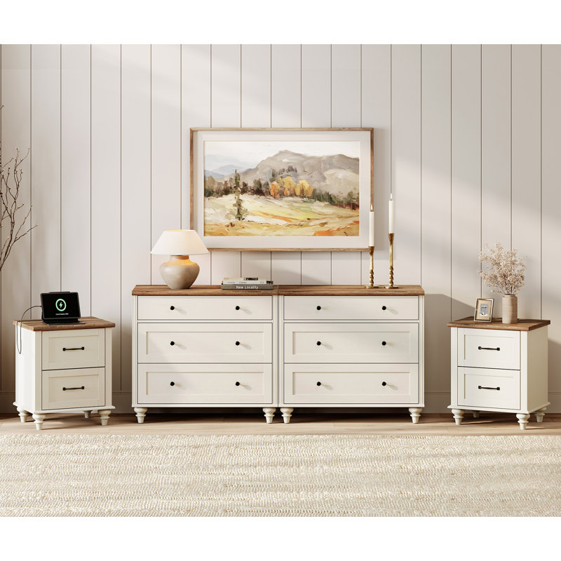 Ensemble de chambre à coucher 4 pièces avec station de charge Scarlett, Blanc cassé