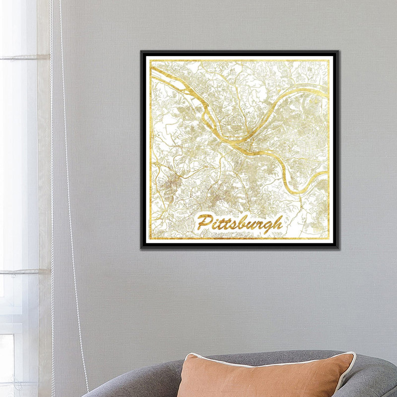« pittsburgh gold feuille urban blueprint map », reproduction d’impression sur toile, H 18 po x l 18 po x P 1,5 po