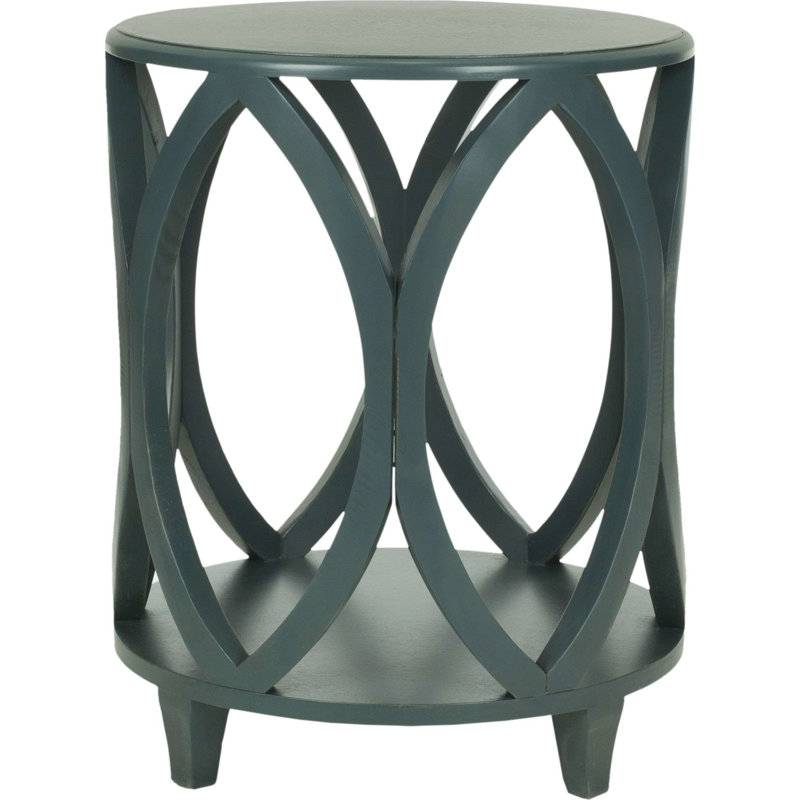 Dark Teal Geometric Wood and Metal Round Accent Table