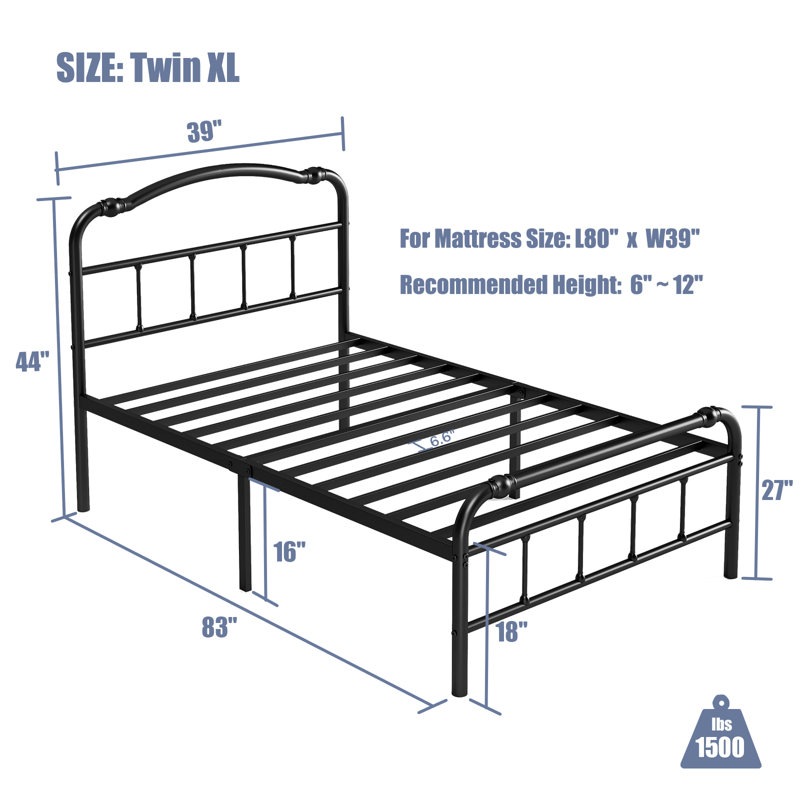 Amylia 18-Inch Heavy Duty Noiseless Non-Swaying Metal Iron Platform Bed Frame with 44” Headboard and Footboard, Black Iron