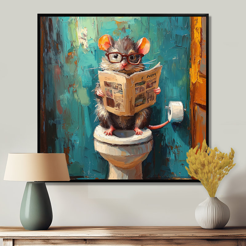 Kenajah souris avec lunettes dans la toilette I - souris, art mural, Impression encadrée flottante, Noir, noir, noir, noir