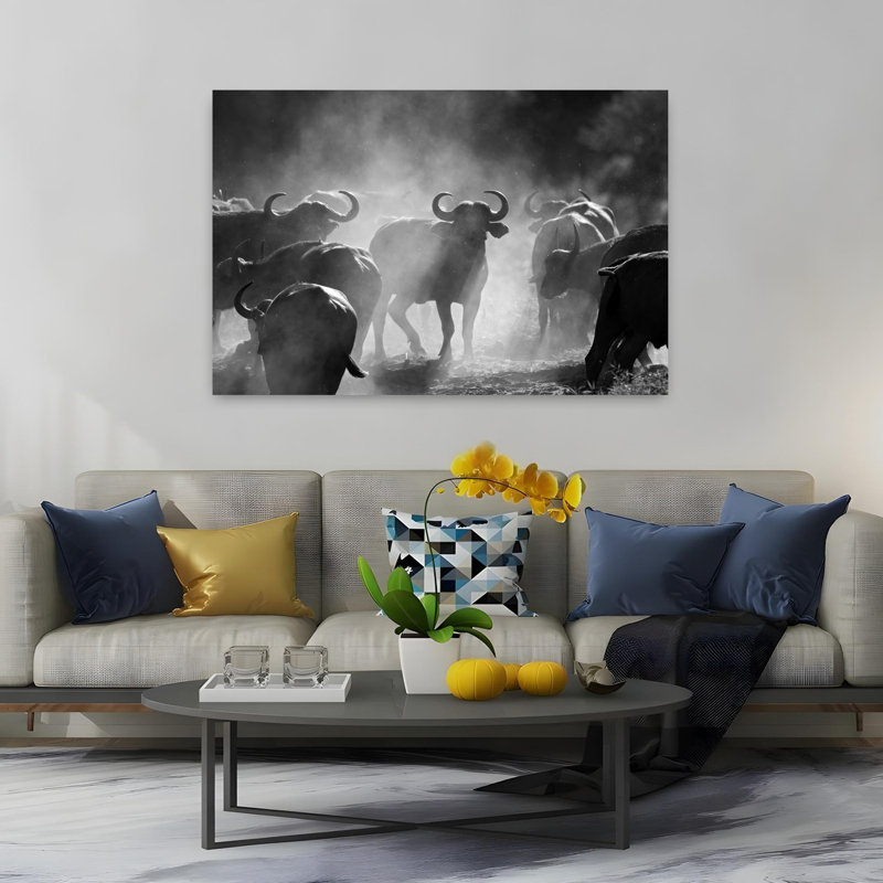 "Dusty Buffalo Herd", art contemporain mural, H 40 po x l 60 po