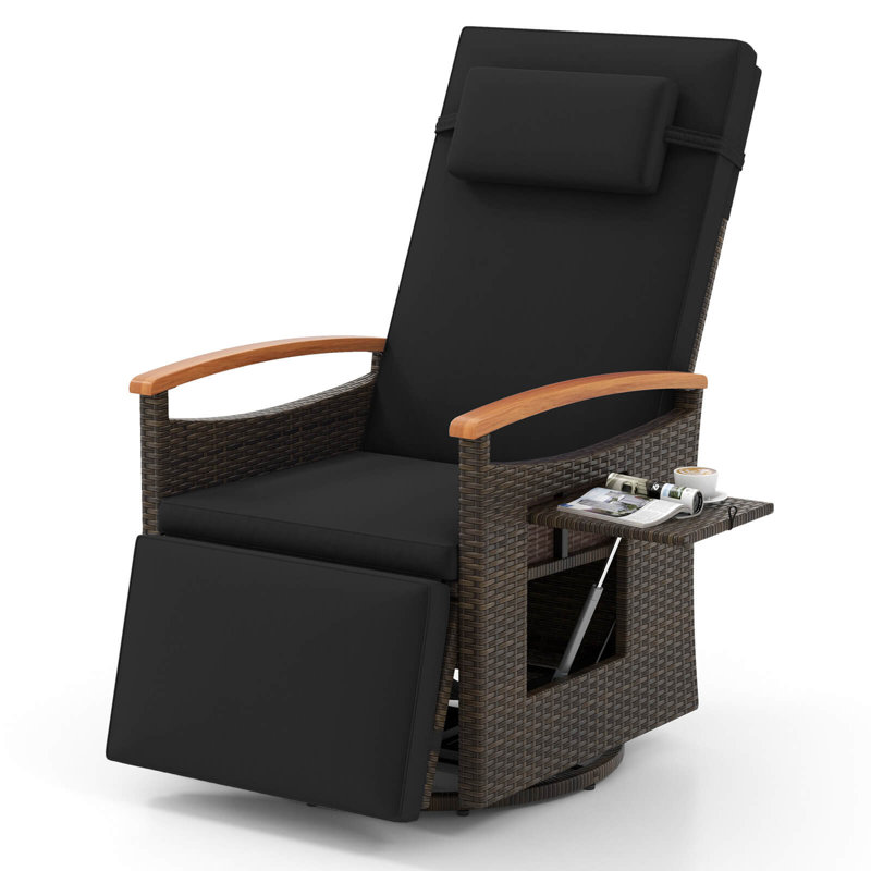Outdoor 360° Swivel Rattan Recliner Chair Patio Wicker Chaise Lounge Chair , Black