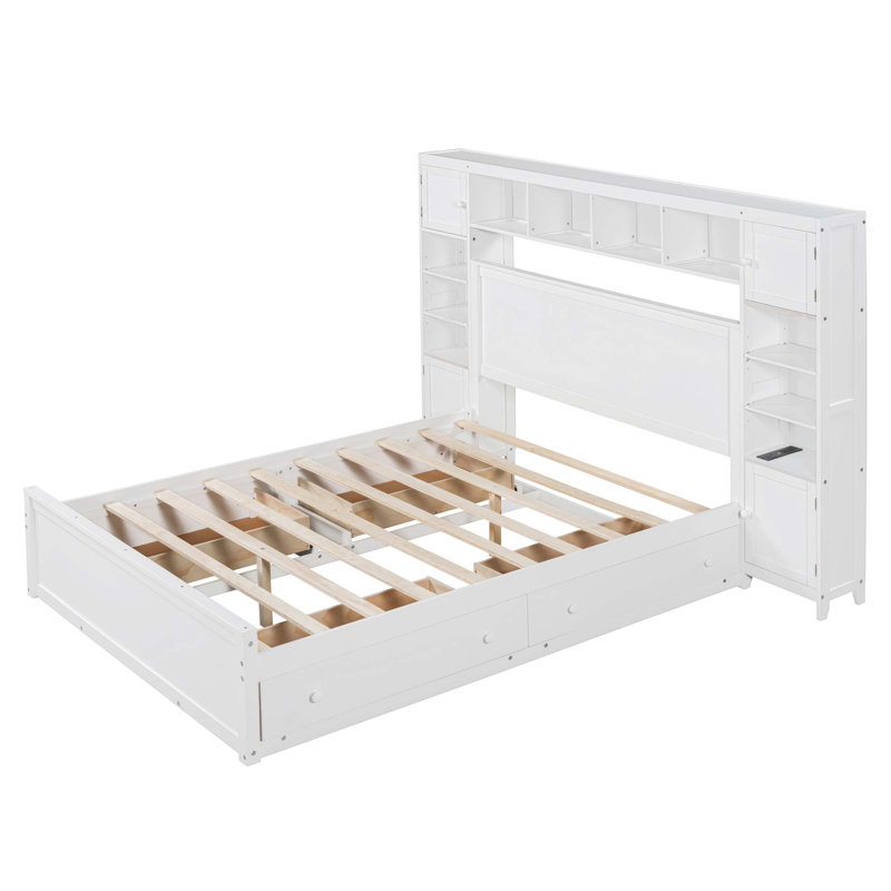 Ethil 4 Drawers Bookcase Platform Bed, White, Queen