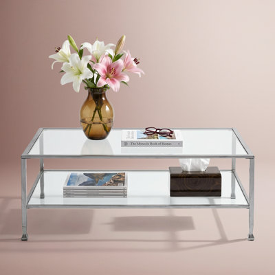 Table basse en verre trempé à 2 niveaux avec structure en métal ClickDecor Maddox, console, meuble décoratif de salon, plateau rectangulaire avec tablette de rangement, assemblage facile, 48 po