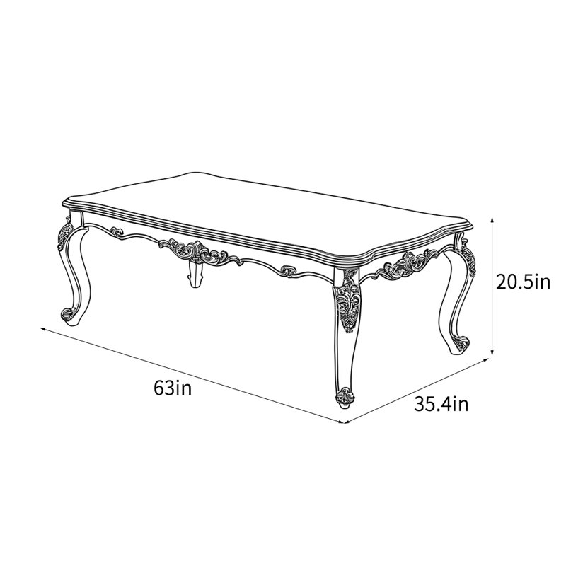 European-style carved simple coffee table, 20.5" H x 63" L x 35.4" W