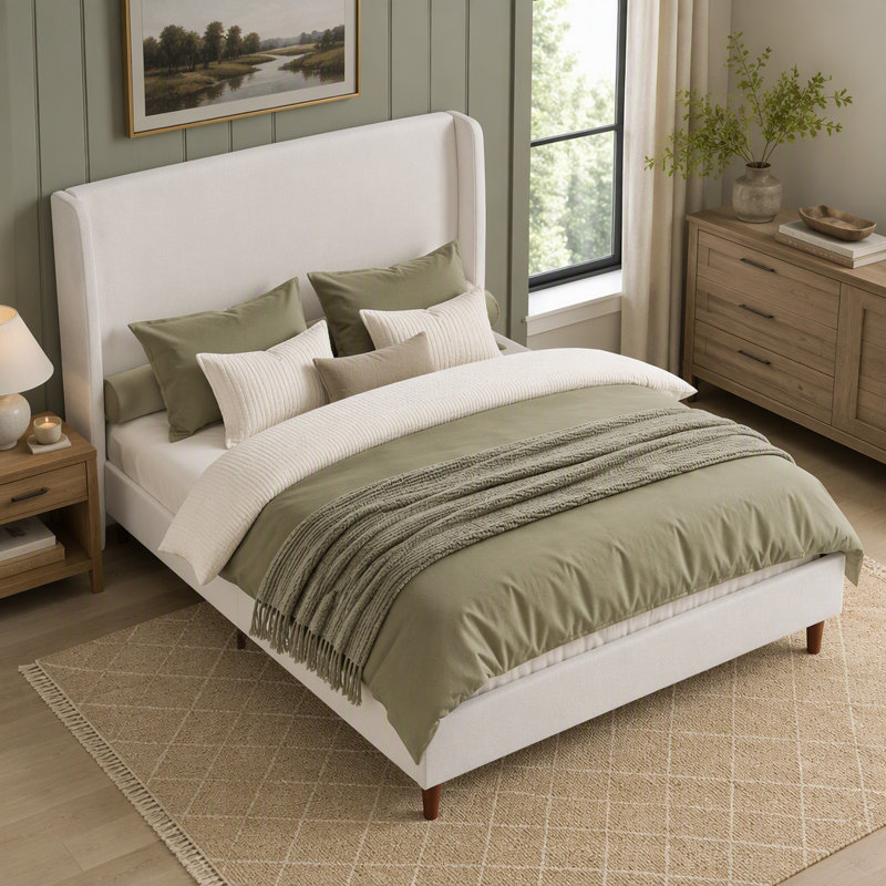 High Headboard Queen Size Bed Frame with 12-Slat Support, Easy Assembly, Chenille Upholstery, No Box Spring Needed, Beige