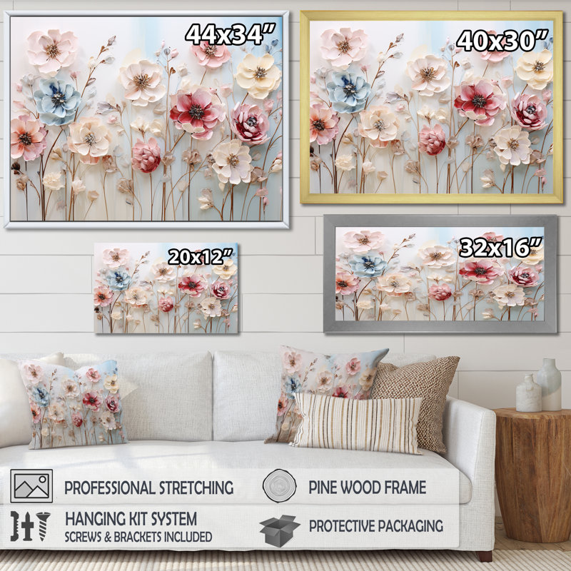 Art floral mural blanc et rose pour salon, Cadre d'angle fermé noir, H 16 po x l 32 po x P 1 po