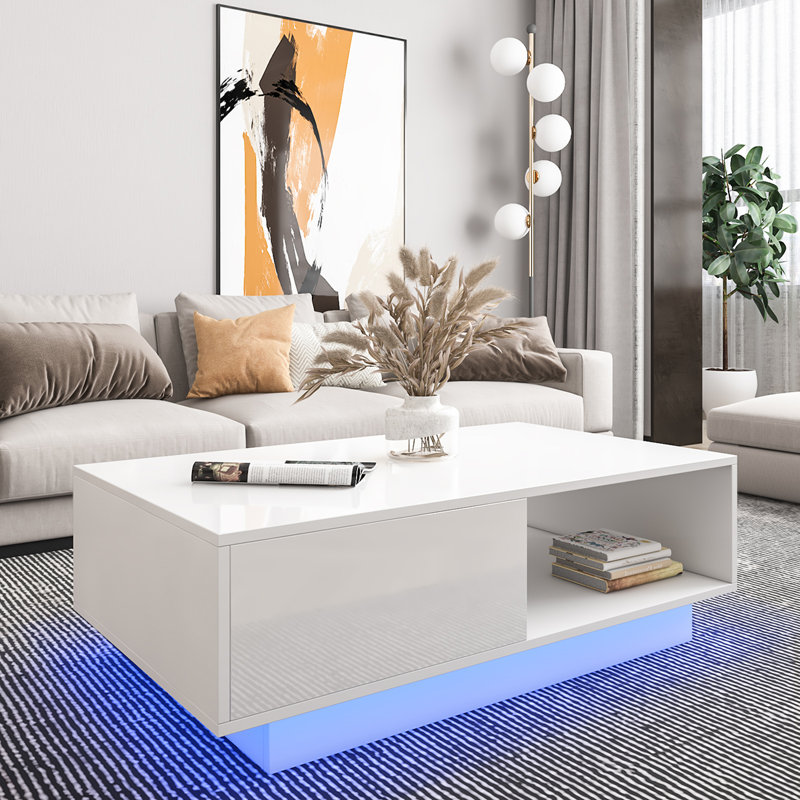 Kylianna Modern Coffee Table with LED Light, White