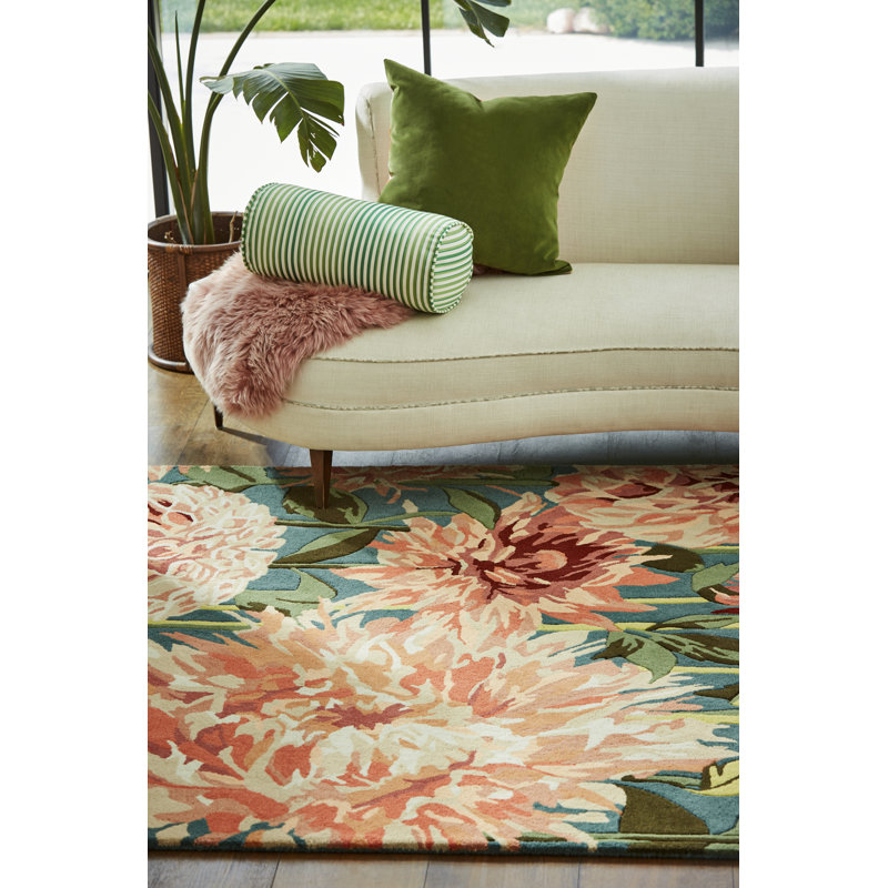 Wool Floral Area Rug in Green/Blue/Light Orange, Rectangle 4'7" x 6'7"