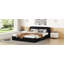 Grand lit plateforme tapissier avec lumières de lecture, tiroirs, gigogne et tablettes, beige