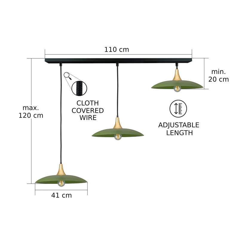 - Light Matte Black Dome Pendant, 3 Lights, 120cm H x 130cm W x 41cm D, Gold/Khaki