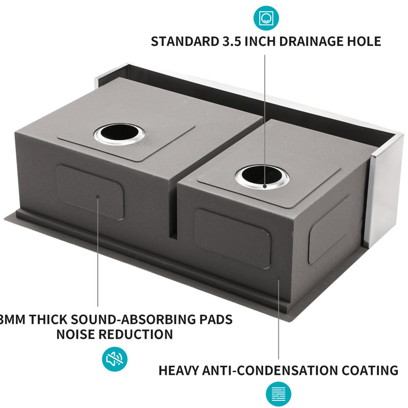 33 Inch Double Bowl  60/40  Stainless Steel Sink With Apron Design And Functional Workspace, Brushed Nickel, Comes Drain Installation Accessories Front Work Area, Package Colander Drainage Setup