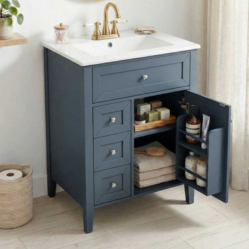 Ensemble de meuble-lavabo simple autoportant 24 po avec lavabo en céramique 24 po, 3 tiroirs à fermeture en douceur, support de rangement, pieds en bois massif, un paquet