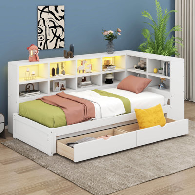 Twin XL To King Size Daybed With 2 Storage Drawers, 12 Cabinets, LED Lights & USB Charging, Expandable Trundle Bed