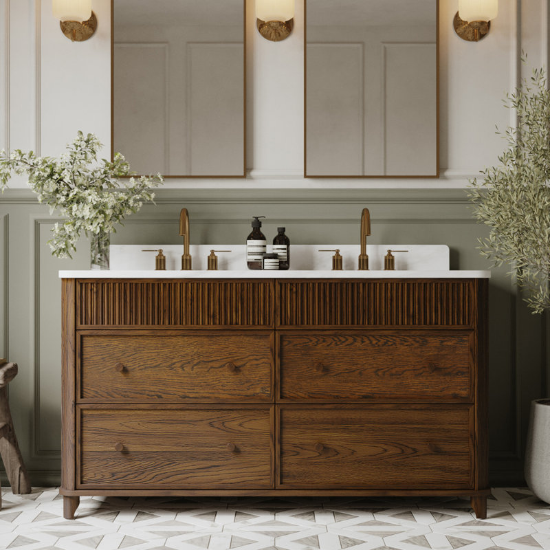 Meuble-lavabo double 60 po avec comptoir Statuario, Chêne brun rehaussé, 60"