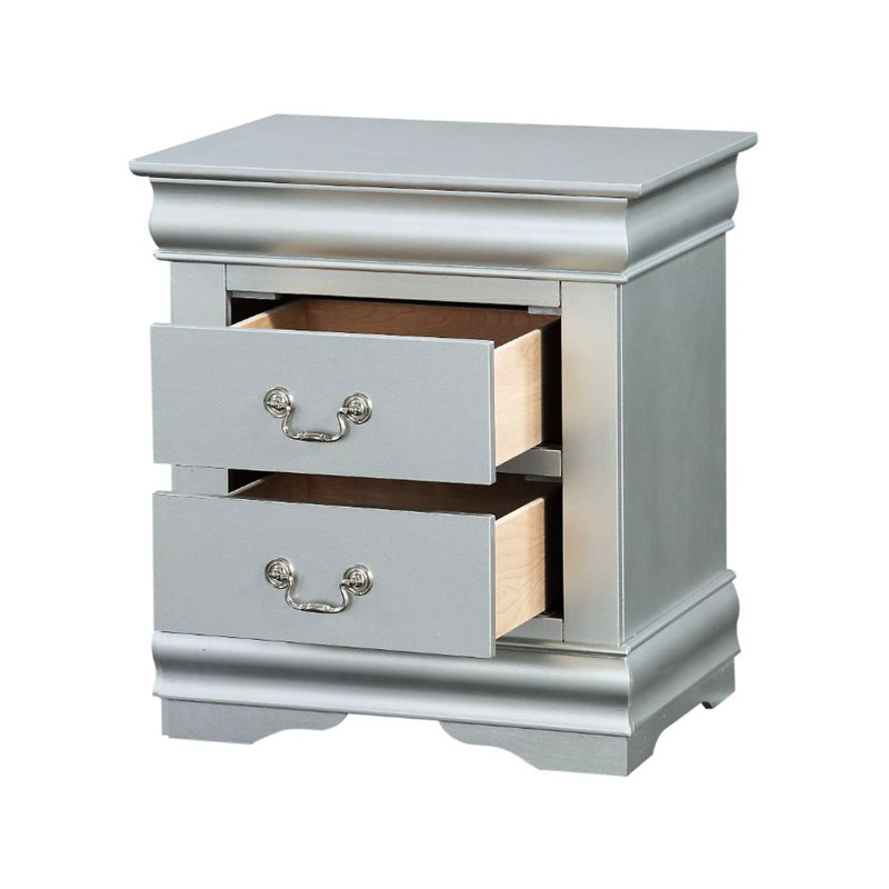 Table de chevet de la chambre à coucher 2 au fini platine avec moulures simples - pin, panneau de particules +, bois gris argenté pour planche à 2 tiroirs