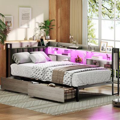 Corner Bed Frame Daybed with Bookcase Storage and PU Upholstered, Twin Size Daybed with 2 Drawers and Charging Station