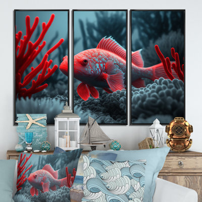 «Tropical Fish in Blue and Red II», reproduction sur toile 3 pièces