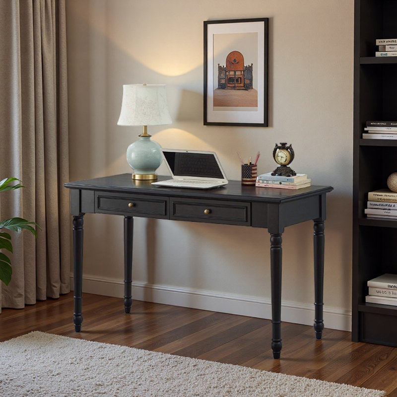 Black Rubberwood Double-drawer Writing Desk, 29.92" H x 51.18" W x 23.62" D