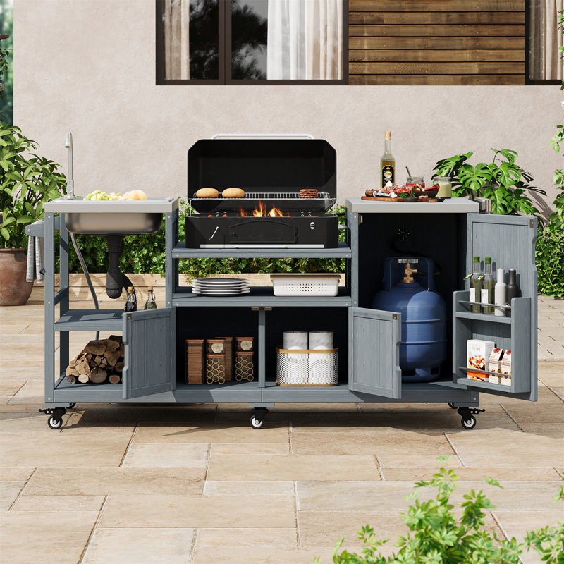 Îlot de cuisine 75,4 po avec évier (sans tabourets), Bleu