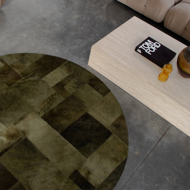 Art Hide X Sasha Biskoff Cowhide Geometric Area Rug in Green, Round 4'11"