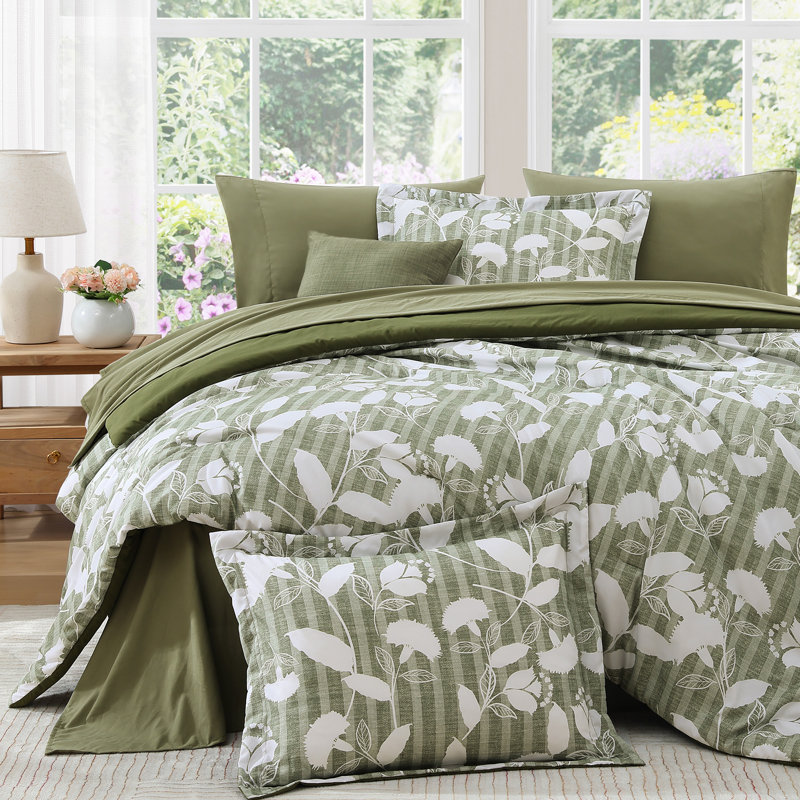 Comforter Set -7 Pieces Botanical Olive Green Comforter for All Seasons, Bed in a Bag with Flowers Floral Comforter, Sheets, Pillowcases & Shams